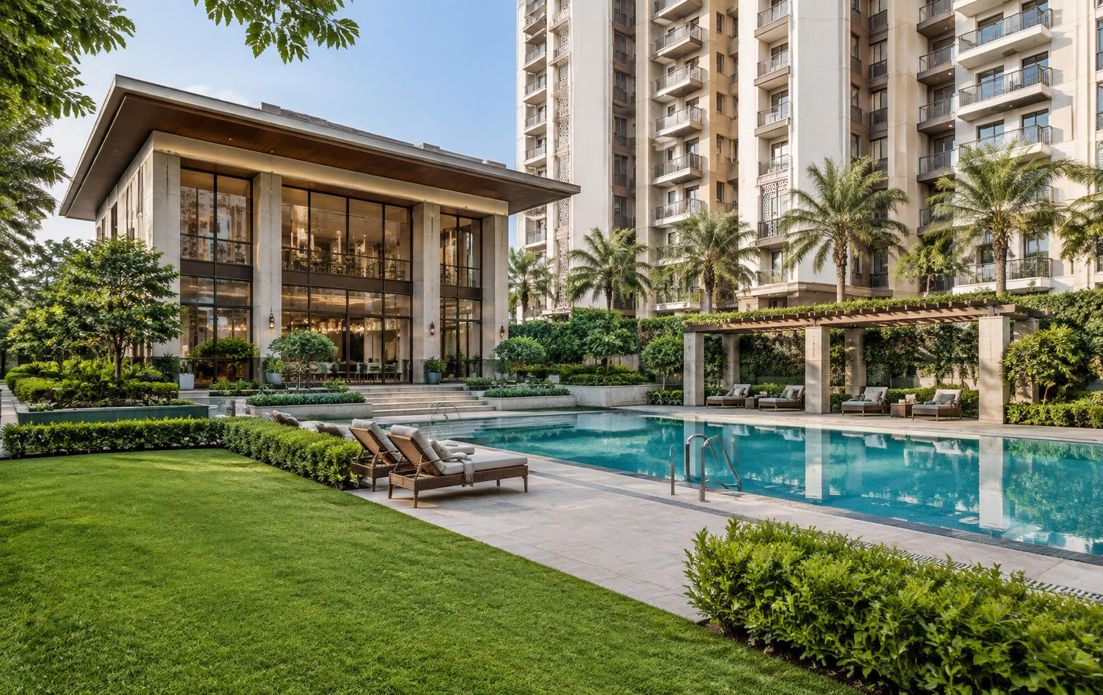 Clubhouse, pool and landscaped gardens at Parx Laureate