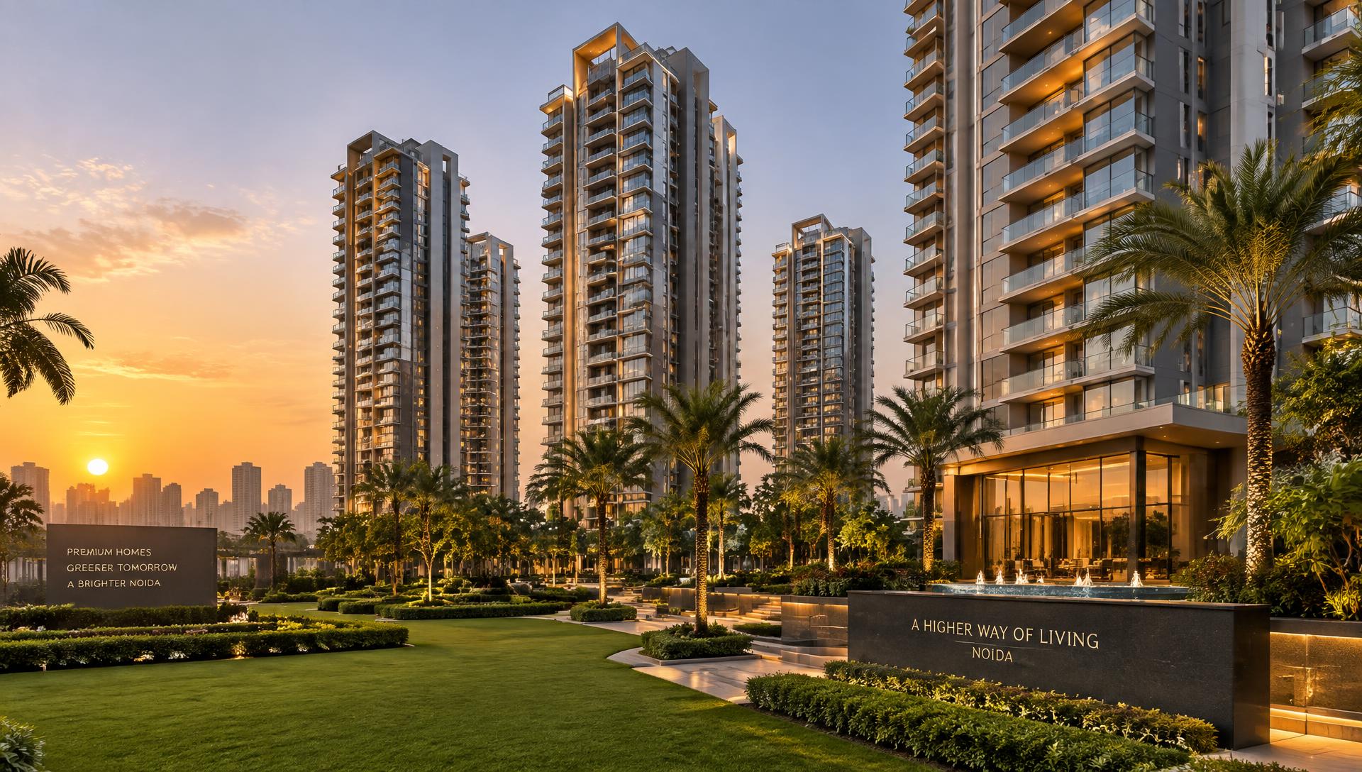 Parx Laureate towers and landscaped lawns at sunset